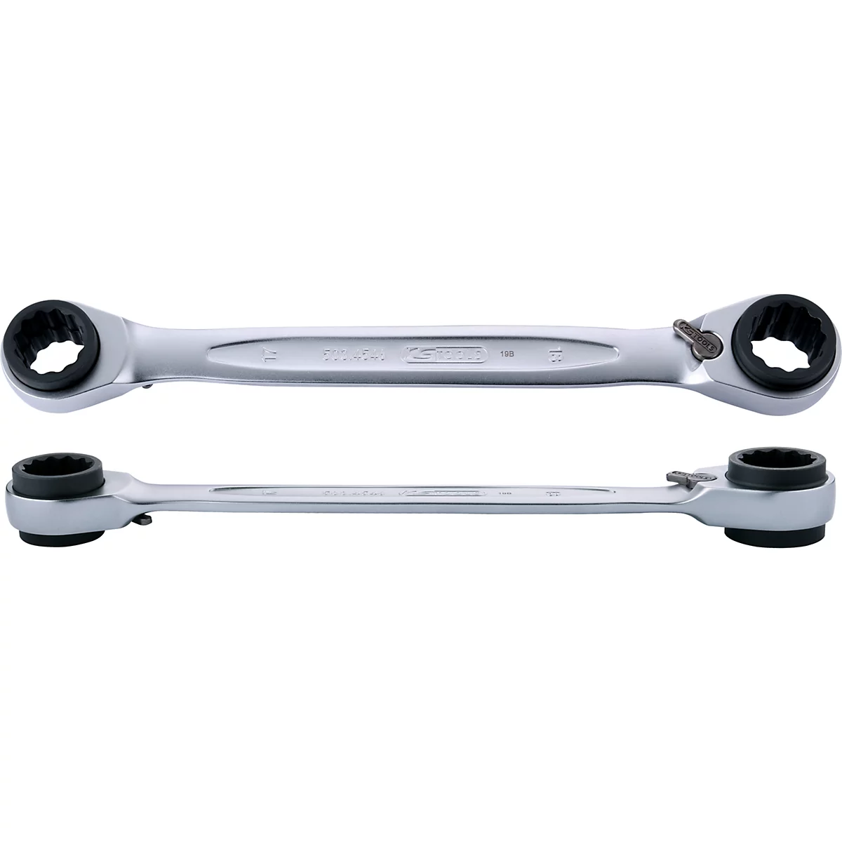 Chromfarbener Ringschlüssel, zwei Ansichten. An den Enden schwarze Innenverzahnung, im Mittelteil Schriftzüge.